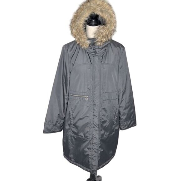 Michael Michael Kors Coat Winter Mid Length Gray Waterproof Hood Faux Fur Large - Picture 1 of 12